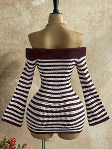 Soleia Vestido de punto ajustado con mangas acampanadas y bloques de color para mujer, adecuado para fiesta, vacaciones, estilo bohemio, romántico floral, vacaciones, lino, vestido de punto a rayas, vestido de punto hombros descubiertos, vestido de punto, ropa de otoño e invierno para mujer - Marrón - Ver 2