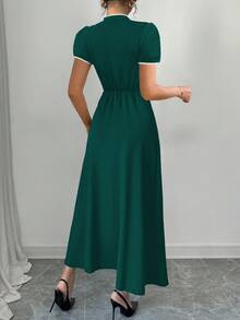 Rafferiza Women's Contrast Color Button Design Puff Sleeve Elegant Dress - Dark Green - View 2