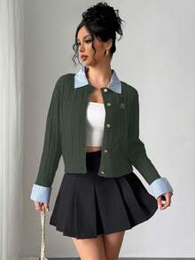 Rafferiza Fashionable Blogger-Inspired 2 In 1 Patchwork Knit Cardigan Sweater - Dark Grey - View 5