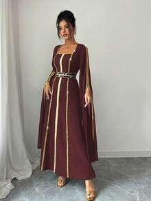 Rafferiza 金色编织腰带奢华亮片串珠礼服开叉长袖连衣裙 - 酒紅色 - 查看 6