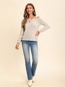 Coeurva Damen Langarm Sweatshirt mit Waffeltextur, asymmetrischem Kragen, Ballonärmeln für Lässig und Büro - Aprikosenfarben - Übersicht 4