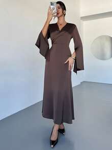 Firerie Women's Elegant Party Cocktail Wedding Guest Long Sleeve Dress, Brown Satin Crepe Flare Sleeve Wrap Collar Cinched Waist A-Line Dress, New Autumn/Winter Women Dress,Wedding Guest Dress Women - Brown - View 5