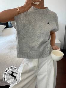 Siren Gaze Áo thun tay ngắn màu xám họa tiết hươu chạy màu đen thanh lịch, thêu logo chân thực, phong cách đa năng, thích hợp cho đầu thu - trắng - Xem 5