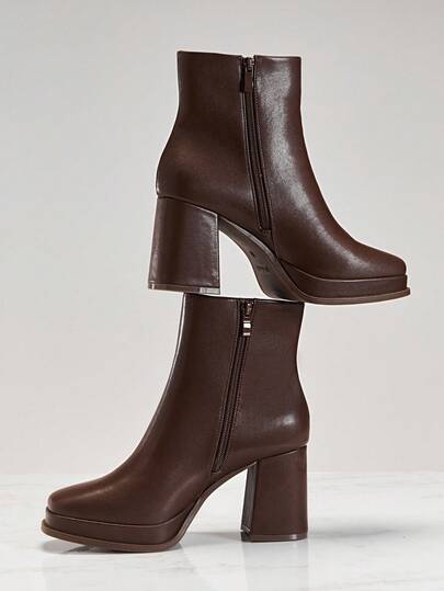 Solezae #LegsForDays Women's 3.25" Block Heel & 1" Platform Square Toe Premium PU Chocolate Ankle Booties – Comfortable, Leg-Lengthening & Boldly Stylish, Designed To Turn Heads Wherever You Go. Valentine's Day