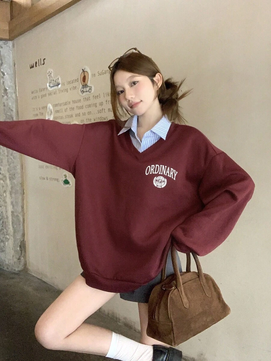 DAZY 女式字母条纹印花拼接保暖内衬卫衣，秋冬款