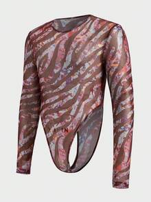 FeverCity Men's Printed Long Sleeve Crew Neck Comfortable Elastic Jumpsuit - Rust Brown - View 1