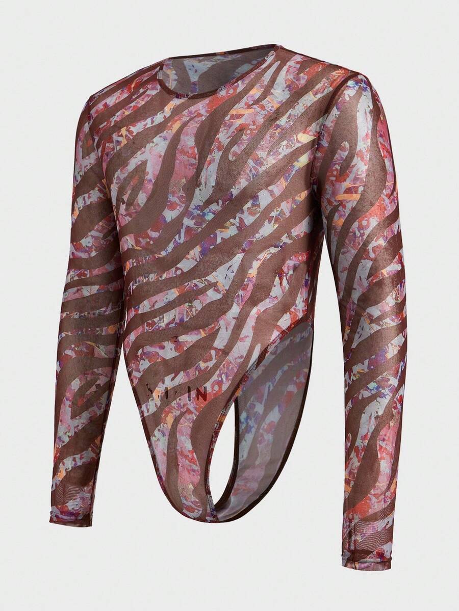 FeverCity Men's Printed Long Sleeve Crew Neck Comfortable Elastic Jumpsuit - Rust Brown - View 1