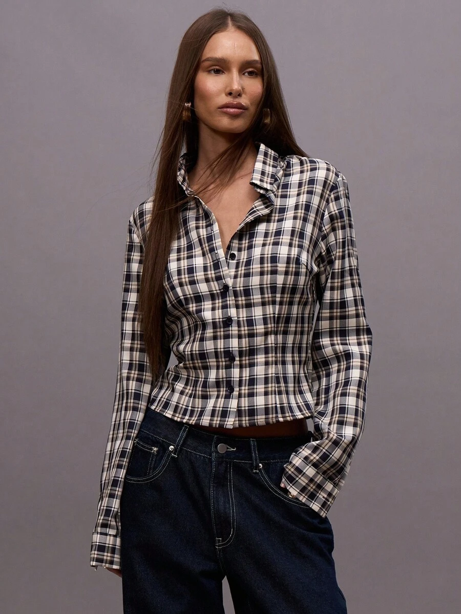 MUSERA 格纹修身挺括衬衫，适合秋冬季夜间外出、街头风、可爱性感假日派对、春夏穿着。 - 彩色 - 查看 1