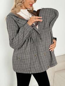 SHEIN Pregnant Women's Plaid Print Thermal-Lined Hooded Pocket 3-In-1 Long Sleeve Jacket, Autumn/Winter Plus Size Jackets Flannels For Women Shackets For Women Fall Women Clothes Maternity Clothes Fall Winter