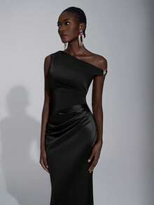 Elitara Vestido de cola de pez con decoración de hebilla metálica, hombro asimétrico, satén con brillo metálico burdeos y parches, adecuado para bodas, eventos formales, dama de honor - Negro - Ver 6