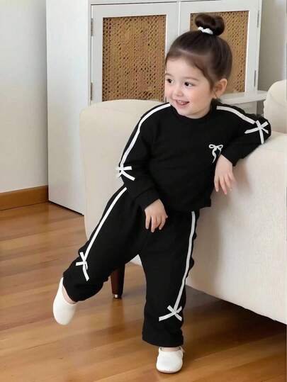 Genkimix Kids 2 件套紫色蝴蝶结运动衫和裤子套装，适合 4-7 岁小女孩，休闲运动套装，秋季