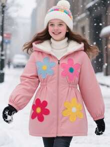 SHEIN Chaqueta con capucha informal para niñas preadolescentes y adolescentes con diseño floral 3D lindo - Multicolor - Ver 6