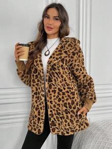 EMERY ROSE 女士豹纹长袖羊羔绒连帽外套，常规版型，秋冬季女式猎豹纹仿毛皮外套，动物纹外出装 - 彩色 - 查看 8