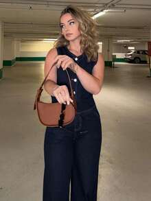 Jeta Ari 女士休闲牛仔背心和裤子两件套，简约时尚，适合日常穿着 - 深色水洗藍 - 查看 3