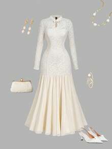 SHEIN MOD Váy đuôi cá cổ tròn thanh lịch kiểu Trung Hoa mới, váy tốt nghiệp, váy Kentucky Derby, trang phục Hawaii cho phụ nữ, trang phục Rave, váy lễ Phục sinh cho phụ nữ, váy mùa hè cho phụ nữ - Màu be - Xem 3