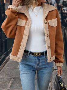 SHEIN Clasi Áo khoác nỉ kẻ caro hai mặt dành cho nữ mùa đông, có cổ, màu nâu, áo khoác lông cừu ấm áp, áo khoác mùa đông sang trọng mùa thu với lớp lót mềm mại. - Màu be - Xem 7