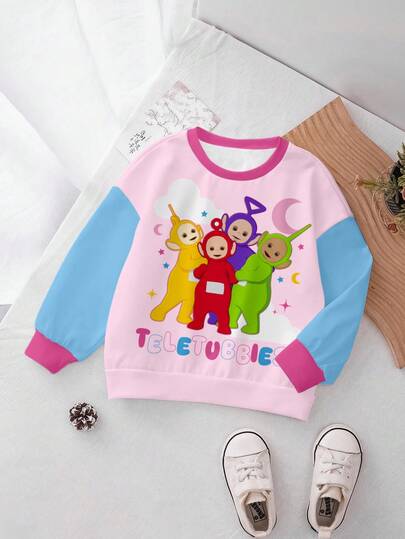 Teletubbies X SHEIN Baby Girl Colorblock Cartoon Pattern Round Neck Sweatshirt