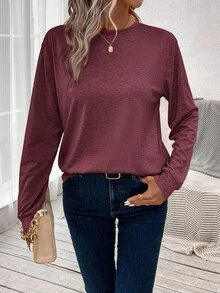 Easowa 女式休闲宽松纯色长袖T恤 - 酒紅色 - 查看 3