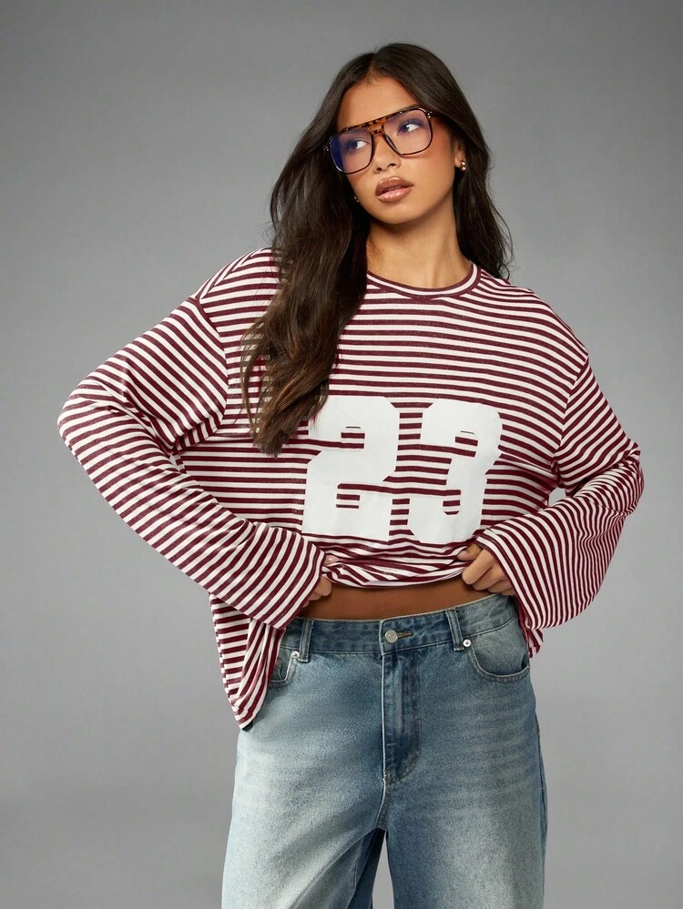 MISSGUIDED Varsity Number Twenty Three Collegiate Striped Long Sleeve Tee Fall Casual Weekend Boxy Cut Vintage Style Preppy Oversized T Shirt