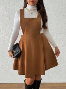 SHEIN Tall CURVE Plus Size Women Corduroy Brown Pinafore Dress, Autumn/Winter