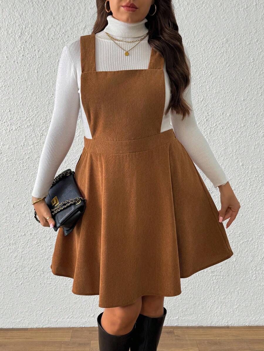 SHEIN Tall CURVE Plus Size Women Corduroy Brown Pinafore Dress, Autumn/Winter