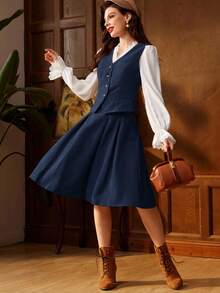 Vintamour 复古优雅的女士褶皱 A 字裙，配腰带，棕色，适合工作或休闲场合，返校服装秋装秋装教师服装冬季女士复古服装卡其色裙子返校节裙子短款栗色 - 藏蓝色 - 查看 3