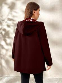 SHEIN Clasi Reversible Plus Size Jacket, One Side Printed Black & White, One Side Solid Color, Suitable For Autumn/Winter - Burgundy - View 2
