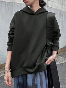 FRIFUL Women's Solid Black Sweatshirt With Dropped Shoulders, Front Short Back Long Hem Splice, Loose Casual Versatile Fleece Sweatshirt, Autumn/Fall - Black - View 6