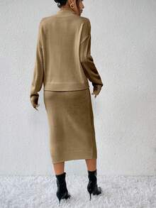 SHEIN 2件套：休闲立领长袖上衣和优雅针织裙 - 卡其色 - 查看 2