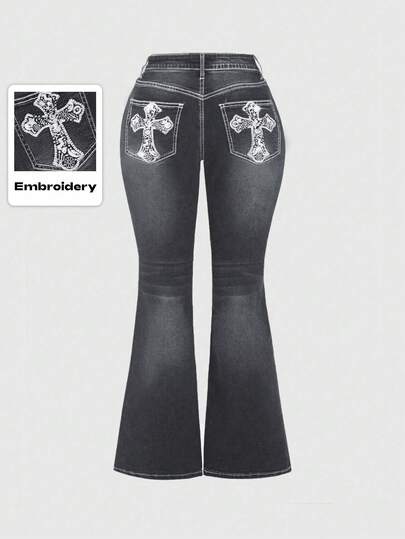 Grunge Punk Jeans casual con stampa grafica grunge, stile scolastico, taglie comode per donna