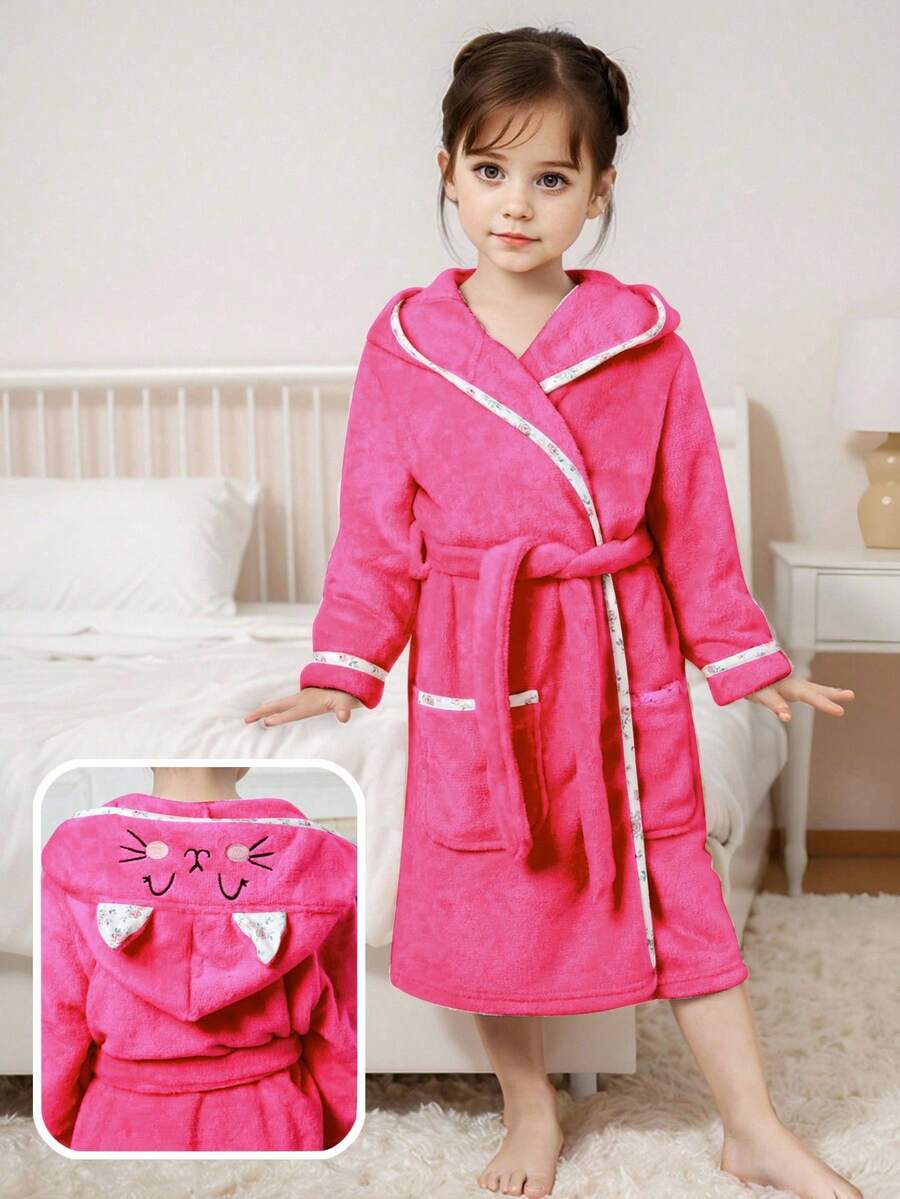 Girls' Cute Rabbit Embroidered Floral Fleece Robe, Comfortable Casual Loungewear For Autumn/Winter - Hot Pink - View 1