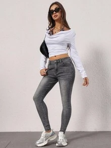 Jeanoix Women's Fashionable Washed Slant Pocket Skinny Jeans, Autumn - Grey - View 3