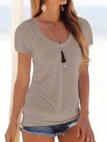 INAWLY Women V-Neck Short Sleeve Pleated Simple T-Shirt, Casual For Daily Wear