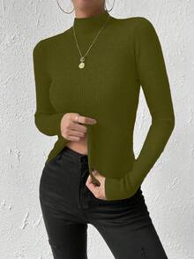 SHEIN Sweater Wanita Lengan Panjang Kerah Tegak Warna Polos, Pas Badan, Musim Gugur/Dingin - Olive Green - View 6