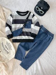 SHEIN 2 Stücke/Set Jungen gestreifter Rundhals Langarm Sweatshirt + Jeans Lässig Outfit, Retro Koreanischer Stil Streetwear passend mit Umhängetasche, geeignet für den täglichen Gebrauch - Schwarz und Weiss - Übersicht 3