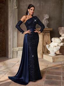 Aureia 优雅、浪漫、海军蓝、亮片面料、缎面拼布、褶饰、不对称肩部、长袖、鱼尾下摆、时尚、网红、节日、度假、生日派对、婚礼活动、正式晚宴礼服 - 藏蓝色 - 查看 8