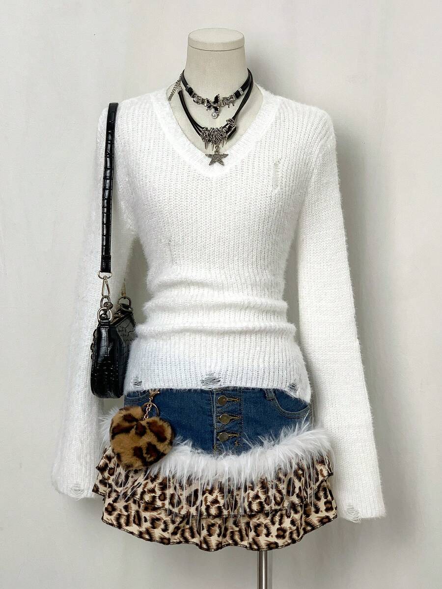 EgrlEra Jeanior Ripped Sweater, Hem Slit Design, Suitable For Women - White - View 1