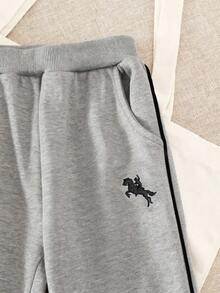 SHEIN Playful Pals 2 件套男童休闲刺绣拉链上衣，白色饰边和休闲运动裤，秋冬 - 灰色 - 查看 6