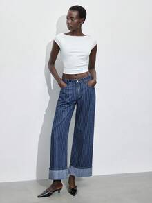 Maija 女士条纹宽松休闲卷边阔腿牛仔裤，都市通勤商务休闲装，办公室穿着，派对装，秋冬季 - 中等水洗藍 - 查看 7