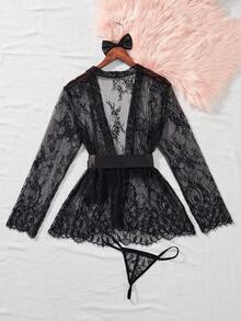 Floral Lace Belted Robe With Thong, Lingerie, Baddie Look - Black - View 2