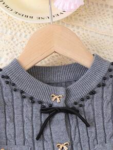 Young Girl Autumn/Winter Casual Commute School Style Bow Decor Cable Knit Cardigan And Pleated Skirt Set - Grey - View 7