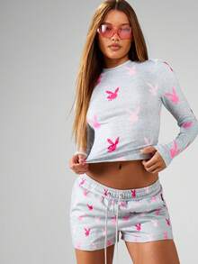 Missguided x Playboy 兔子印花抽绳慢跑短裤，适合家居服，夏季休闲舒适睡衣，家居服 - 彩色 - 查看 5