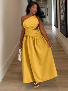 Alexandranx Đầm dài hở lưng không đối xứng, thiết kế dây chéo mới, phong cách nghỉ dưỡng giản dị, Xuân/Hè - B - Màu vàng - Xem 6