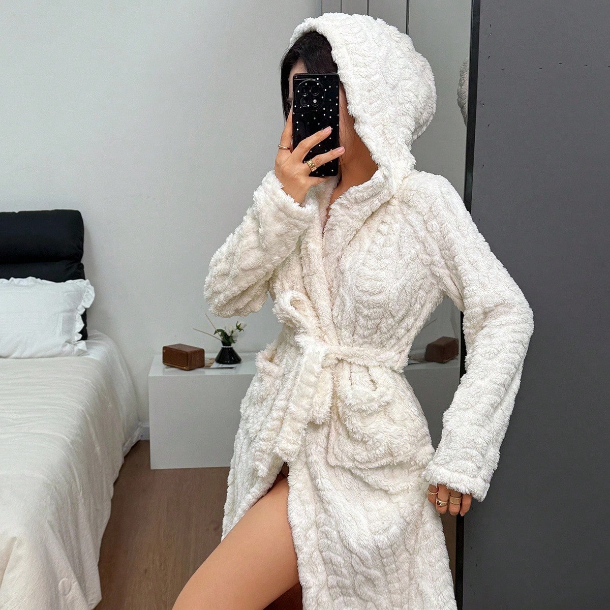 Bata de baño con capucha con orejas 3D de trigo jacquard cómoda para mujer, con cinturón, esponjosa, para invierno