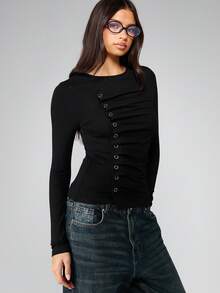 MISSGUIDED Áo tay dài cài nút có lỗ kim loại và thiết kế nhún phía trước cho trang phục thường ngày mùa đông - màu đen - Xem 3