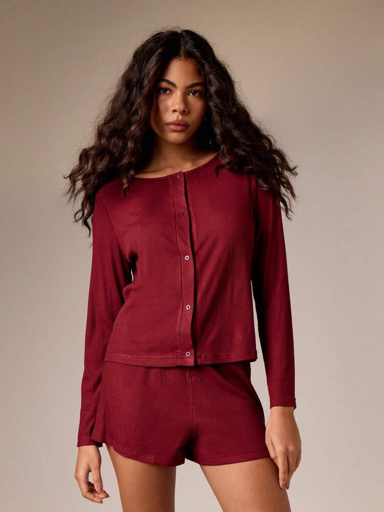Button Front Ribbed Top With Matching Shorts