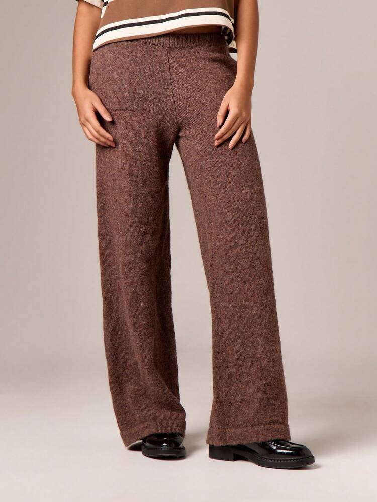 Wide Leg Knitted Palazzo Pants With Ribbed Waistband