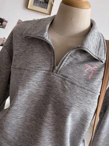 Sweetra Young Tween Girls' Casual & Fashionable Korean Style Simple Zip-Up Knit Hoodie, Gray Solid Color, Long Sleeve, Suitable For Older Girls Back To School Season, Autumn/Winter