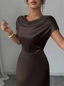 Rafferiza Women's Elegant Date/Commute Turtleneck Tie-Up Satin Short Sleeve Dress