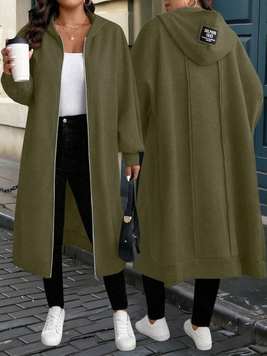 EMERY ROSE 大码休闲街头宽松拉链连帽长袖夹克，适合日常穿着 - 軍綠色 - 查看 1